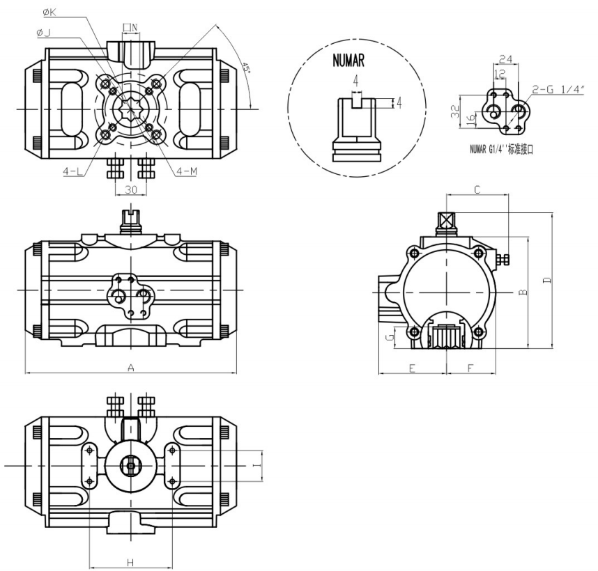 Stainless Steel Double Acting Pneumatic Actuator Dimensions